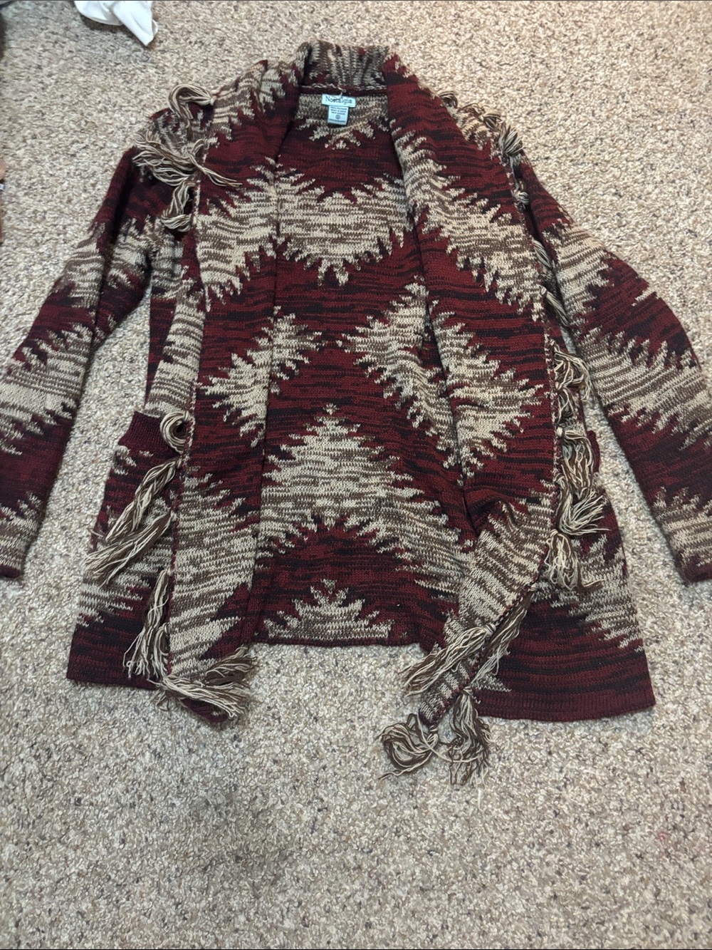 Aztec Fringe Open-Front Knit Cardigan Sweater - Burgundy & Tan